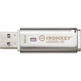 Kingston IronKey Locker+ 50 USB Flash Drive: 32 GB with AES encryption, multi-password options, compact design, cloud backup ready.