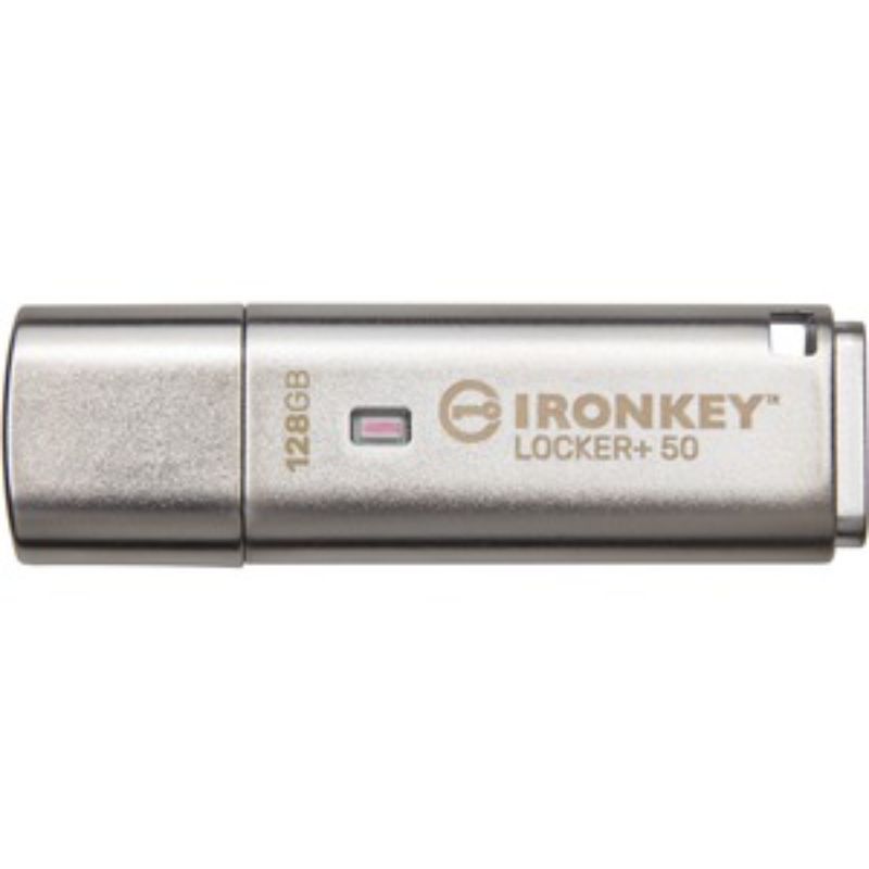 Kingston IronKey Locker+ 50 USB drive with 128GB, AES encryption, multi-password options, and cloud backup capability.