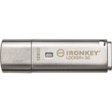 Kingston IronKey Locker+ 50 USB drive with 128GB, AES encryption, multi-password options, and cloud backup capability.