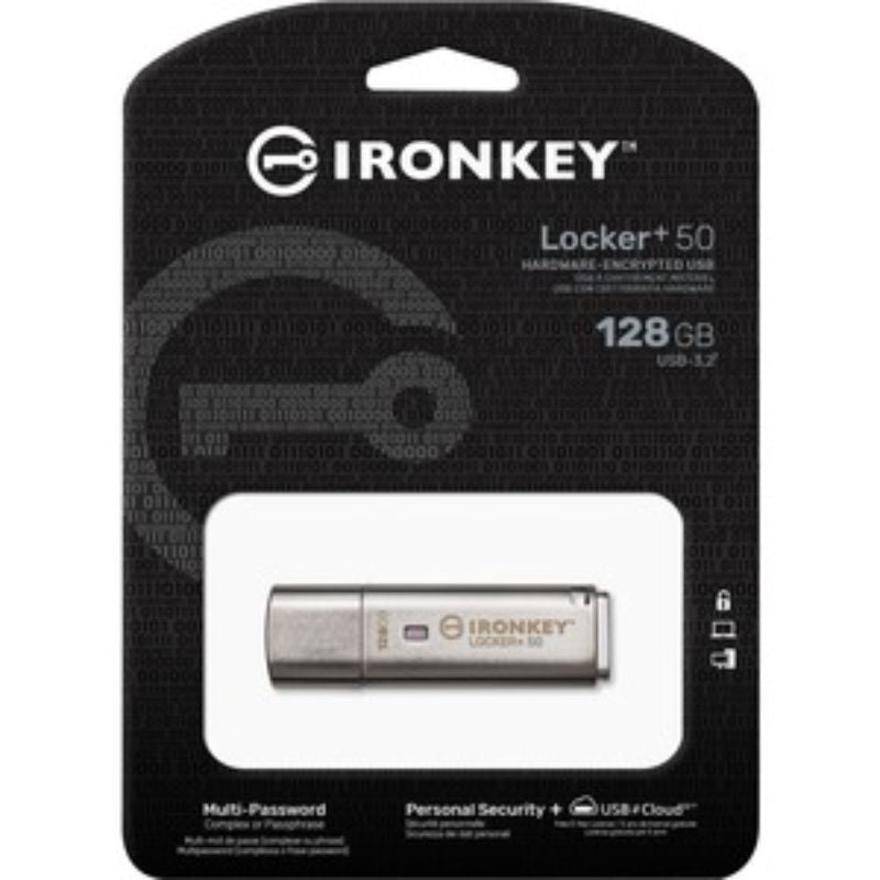 Kingston IronKey Locker+ 50 USB drive 128GB, featuring AES encryption, multi-password options, and built-in security protections.