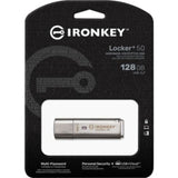 Kingston IronKey Locker+ 50 USB drive 128GB, featuring AES encryption, multi-password options, and built-in security protections.