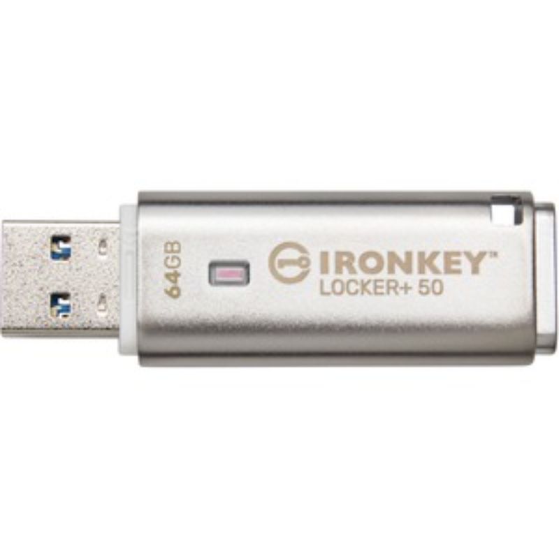 Kingston IronKey Locker+ 50 USB drive, 64GB, featuring AES encryption, multi-password options, and robust data protection.