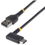 StarTech.com 15cm USB-A to USB-C charging cable with right angle design, 3A fast charge, and durable aramid fiber construction.