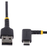 Short StarTech.com USB-A to USB-C charging cable with right angle design, 15cm, sturdy aramid fiber, and 3A fast charging.