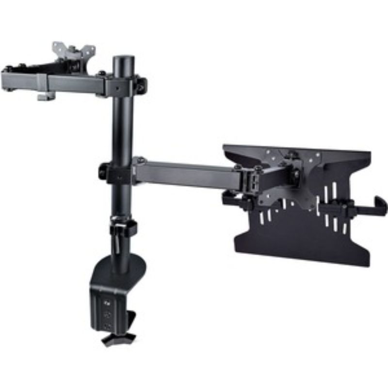 StarTech.com monitor arm with laptop tray, supporting up to 32" displays and 10 lbs laptops, for ergonomic workspace organization.