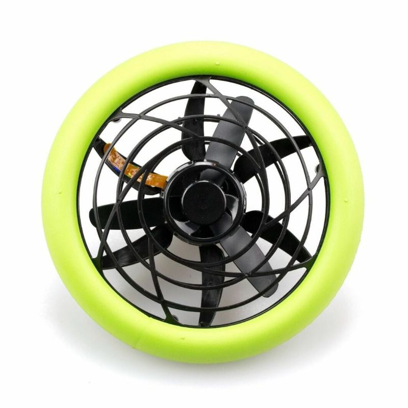 Colorful flying toy featuring a soft bumper ring, LED lights, and spinner for versatile outdoor play and fun tricks.