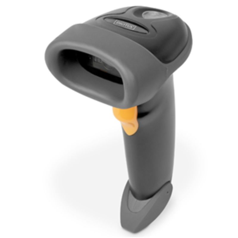 High-speed 2D barcode scanner with stand, ergonomic design, IP54 rated, reads QR codes, 200 scans/min via USB.