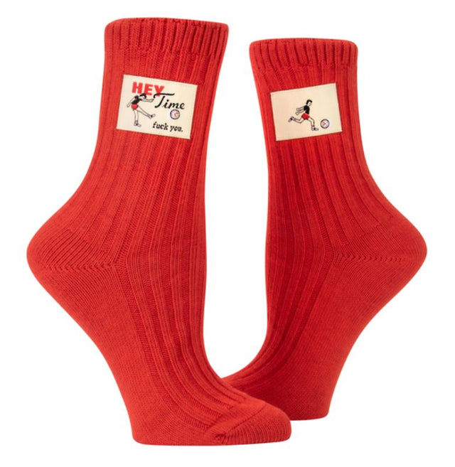 Blue Q Tag Socks in Small/Medium featuring witty tags, made from organic cotton with spandex for comfort and stretch.