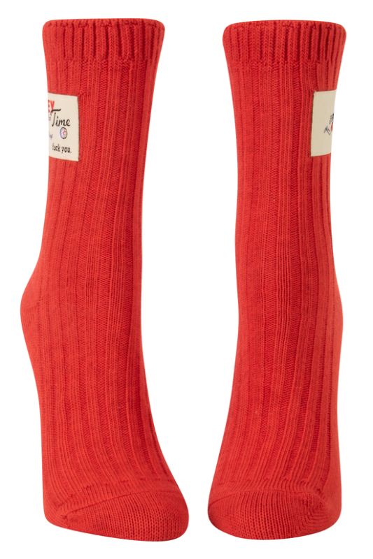 Blue Q Tag Socks in Small/Medium with humorous tags, made from organic cotton and spandex for ultimate comfort and fit.