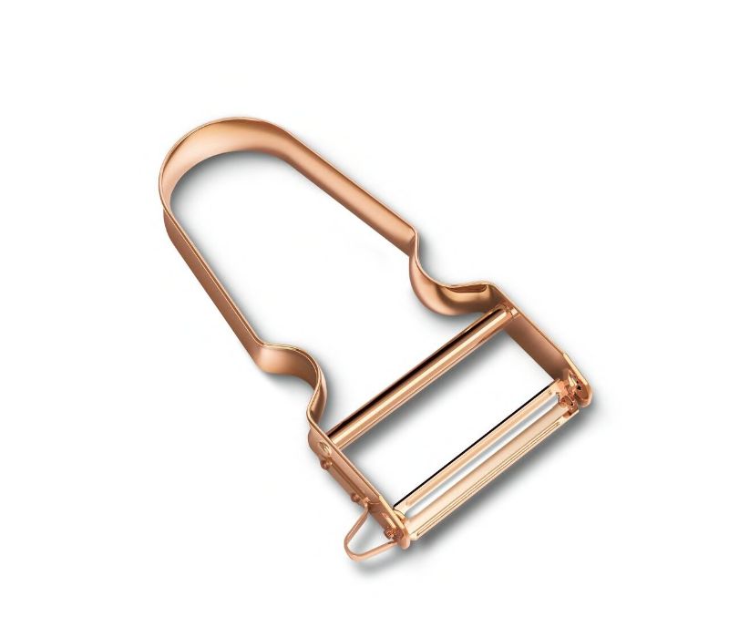 Rose gold Victorinox Rex peeler featuring an ergonomic handle for precision peeling of fruits and vegetables, 110 mm long.