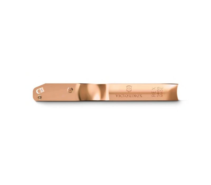 Rose gold Victorinox Rex peeler, elegant design for precise peeling, ergonomic grip, 110mm long, lightweight, handwash only.