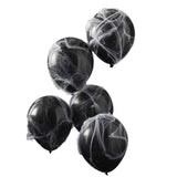 Fright Night Halloween Balloon set featuring black latex balloons, spider décor, and cobweb webbing for spooky celebrations.