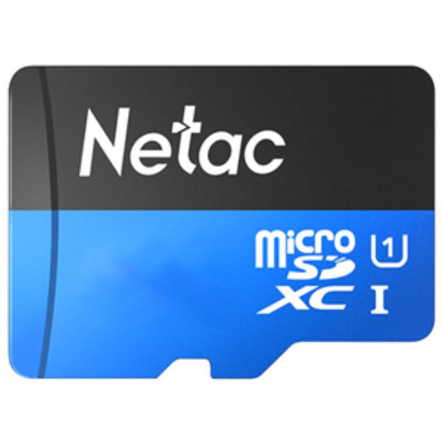 Netac P500 64GB microSDXC card with SD adapter, featuring 80MB/s speed, full HD support, and water-resistant durability.