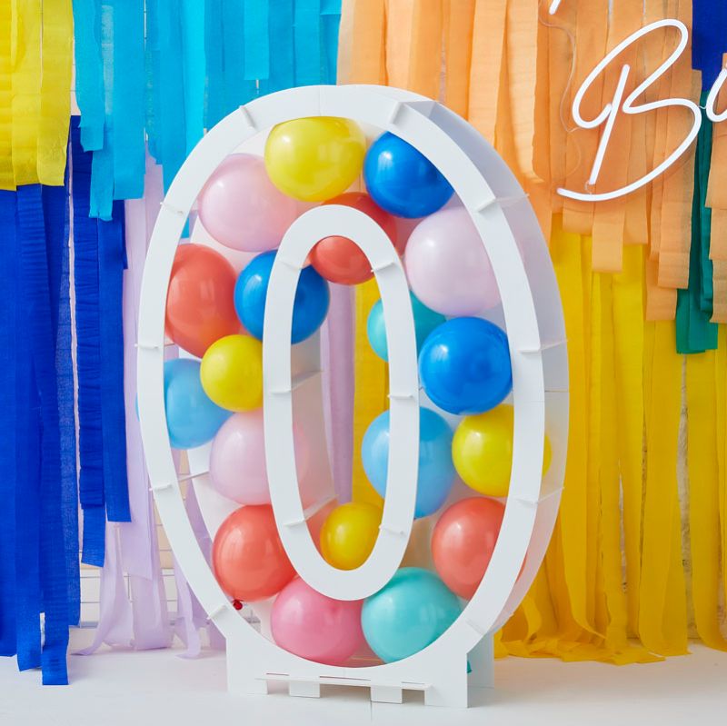 Balloon Mosaic Number 0 Stand, 81cm tall, perfect for birthdays and anniversaries, designed for easy assembly with vibrant balloons.