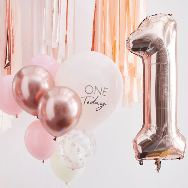 Mix It Up - Pink & Rose Gold 1st Birthday Balloons with a variety of sizes, featuring a large rose gold foil number 1.