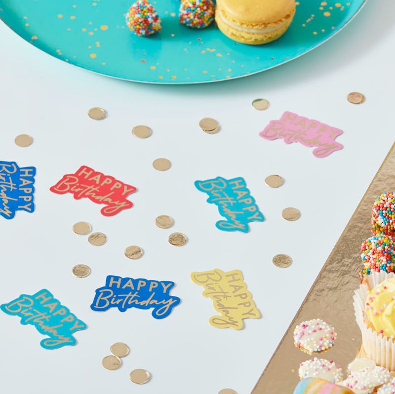 Vibrant multicoloured birthday table confetti with gold foil detailing, perfect for festive party decor and celebrations.