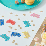 Vibrant multicoloured birthday table confetti with gold foil detailing, perfect for festive party decor and celebrations.