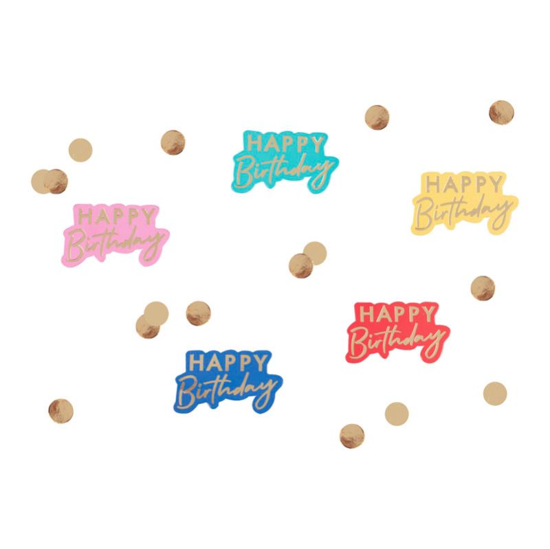 Vibrant multicoloured birthday table confetti with gold foil detailing for festive celebrations and memorable party decor.