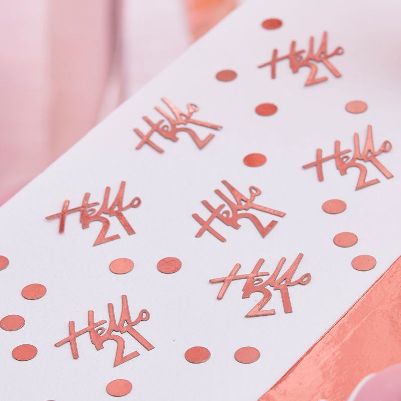 Rose gold birthday confetti featuring 'Hello 21' pieces and mini circles, perfect for 21st birthday celebrations.