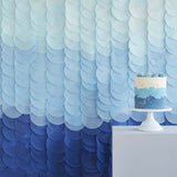 Blue ombre tissue paper disc backdrop, perfect for parties, photo booths, and eco-friendly celebrations, 200cm x 200cm.