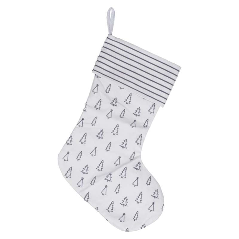 Grey Christmas stocking featuring tree and stripe prints, perfect for holding gifts, made from recyclable materials.