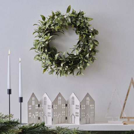 Artificial mistletoe Christmas door wreath with glittery leaves and vibrant foliage, measuring 30cm for festive decor.