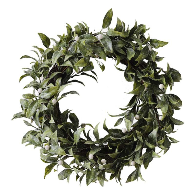 Elegant 30cm mistletoe Christmas wreath with glittered leaves, perfect for enhancing festive front door decor.