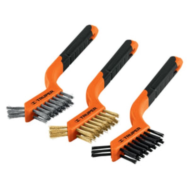 3-piece mini wire brush set including nylon, brass, and stainless steel brushes for versatile and efficient cleaning tasks.