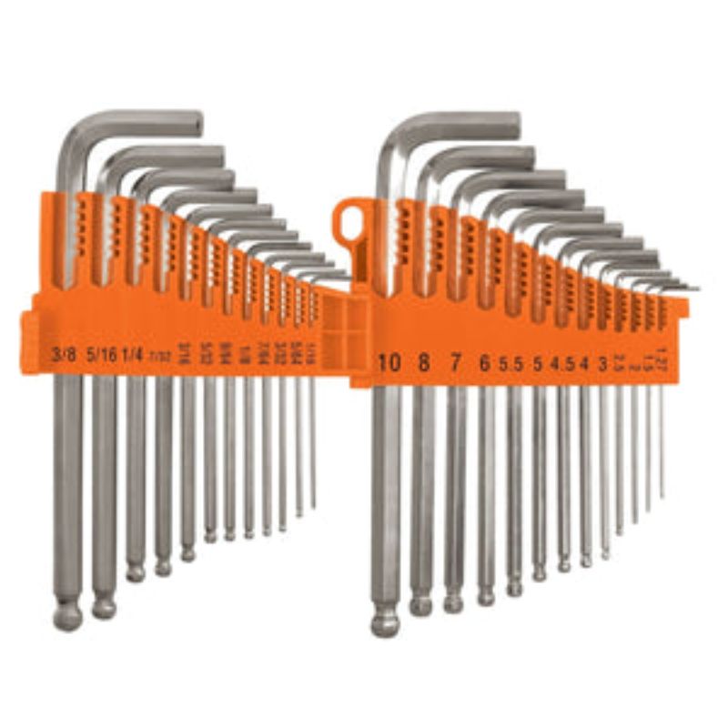 Long arm hex key set with 25 pieces, chrome vanadium steel, ball tip, double position keys, and collapsible organizer.