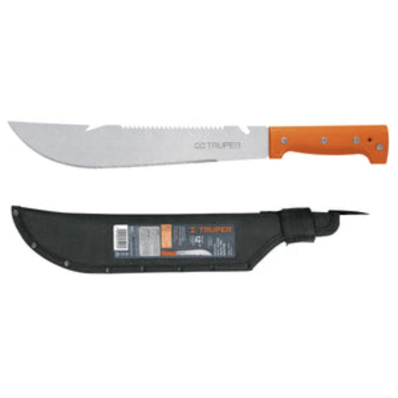 Truper 300mm machette with rivetted handle, featuring ergonomic non-slip grip and fitted sheath for safety and portability.