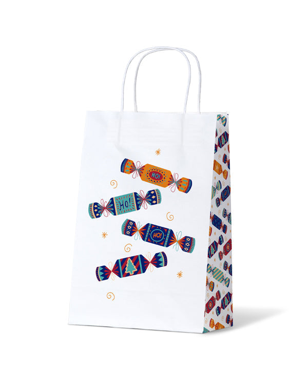 Gift Bags - Xmas Crackers Bright on White Junior (100 Units)