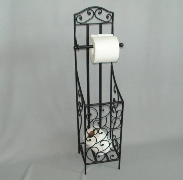 Antique silver wrought iron toilet roll holder with a basket for extra rolls, combining elegance and functionality for your bathroom.