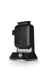 Sleek black Sunbeam Waffle Maker with vertical design, 5 shade settings, LCD timer, and easy-fill funnel for mess-free waffles.