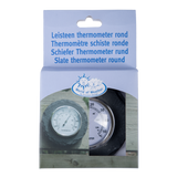 Slate Round Thermometer (12cm) with large dial, Celsius & Fahrenheit scales, elegant slate edge, and gift box packaging.