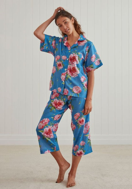 Lightweight Cleo pyjama set in Small, featuring a short sleeve top and cropped pants, made from 100% OEKO-TEX® cotton.