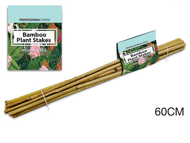 Bamboo plant stakes, 60cm long, eco-friendly support for flowers and vegetables, 12 stakes per pack, available in 36 packs.