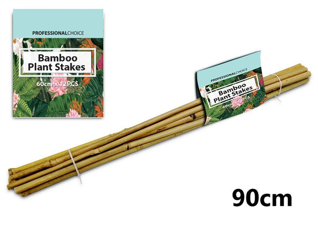 Bamboo plant stakes in 90cm length, 12 per pack, ideal for supporting flowers, vegetables, and climbing plants.