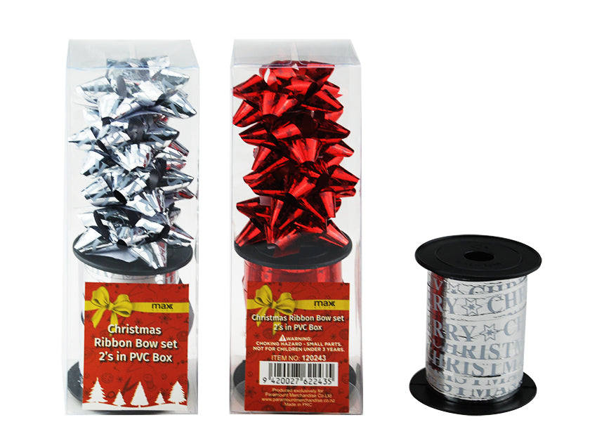 Christmas Ribbon Bow Set - 2's in PVC box (48 Asstd Sets)