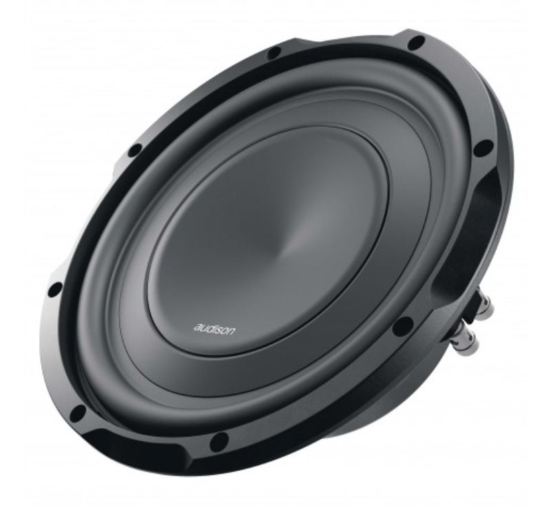 10-inch dual coil subwoofer by Audison, featuring 800w power, ultra-low profile, and exceptional bass performance in compact spaces.