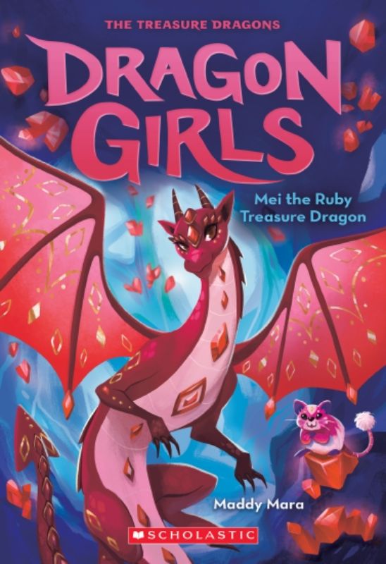 Cover of "Mei The Ruby Treasure Dragon" featuring three girls transforming into dragons in a magical forest adventure.