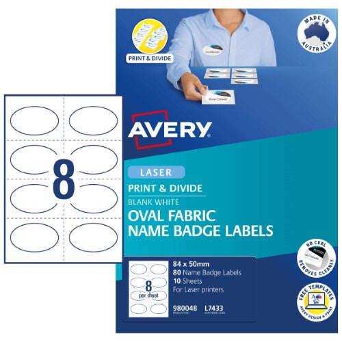 Avery Oval Fabric Name Badge Labels  84x50 mm 10 Sheets