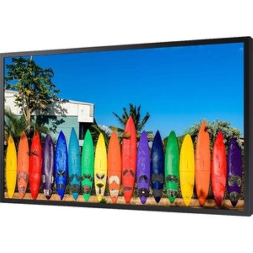 55" Samsung OM55B Outdoor Digital Signage Display with 4K resolution and slim design, ideal for vibrant retail promotions.