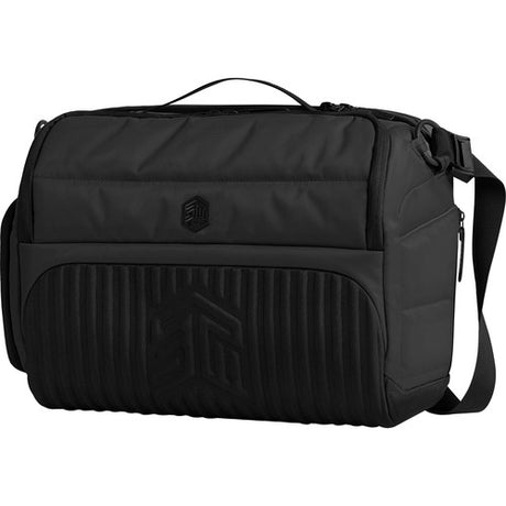 Black DUX 16L Messenger Case for 15-inch laptops, featuring water-resistant 330D twill, adjustable strap, and sleek design.