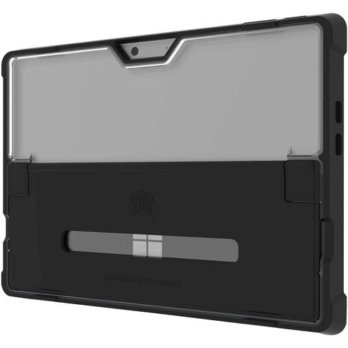 Rugged black Dux Shell case for Surface Pro 9, featuring a transparent back and drop protection up to 2011.68 mm.