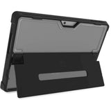 Rugged black case for Surface Pro 9, featuring a transparent back, lightweight design, and drop protection up to 2011.68 mm.