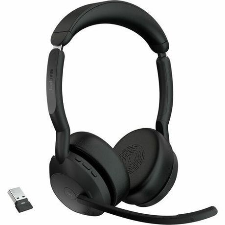 Jabra Evolve 2 55 MS Stereo headset with ANC, dual connectivity, and boom mic for clear calls and music enjoyment.