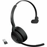 Jabra Evolve 2 55 headset in mono, featuring noise-cancelling mic, Active Noise Cancellation, and wireless connectivity for work.