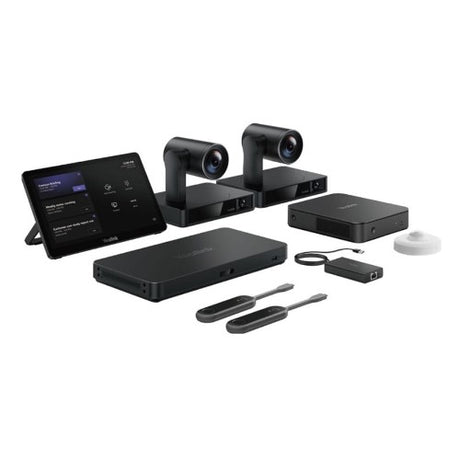 Yealink MVCS90-C5 MS Teams Room System featuring dual UVC86 cameras, VCR20 remote, and MCore Kit for seamless video conferencing.