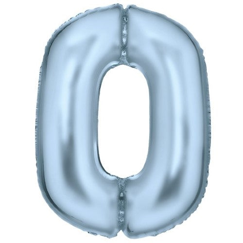 Large pastel blue foil balloon shaped like the number 0, 64cm wide and 90cm high, perfect for celebrations.