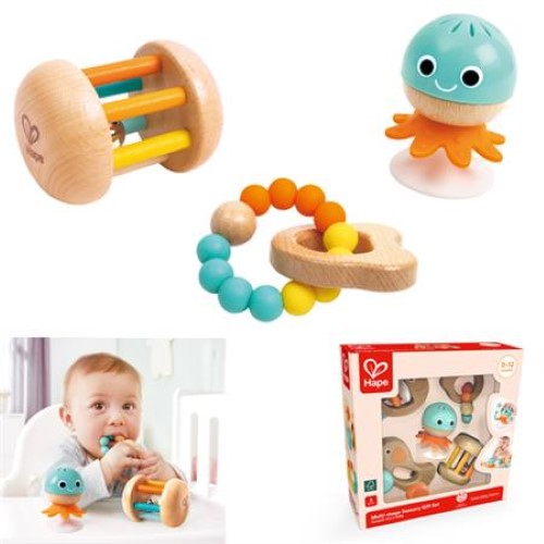 Colorful Baby to Toddler Sensory Gift Set featuring a fish rattle, teether, rolling rattle, and rolling dog for sensory development.